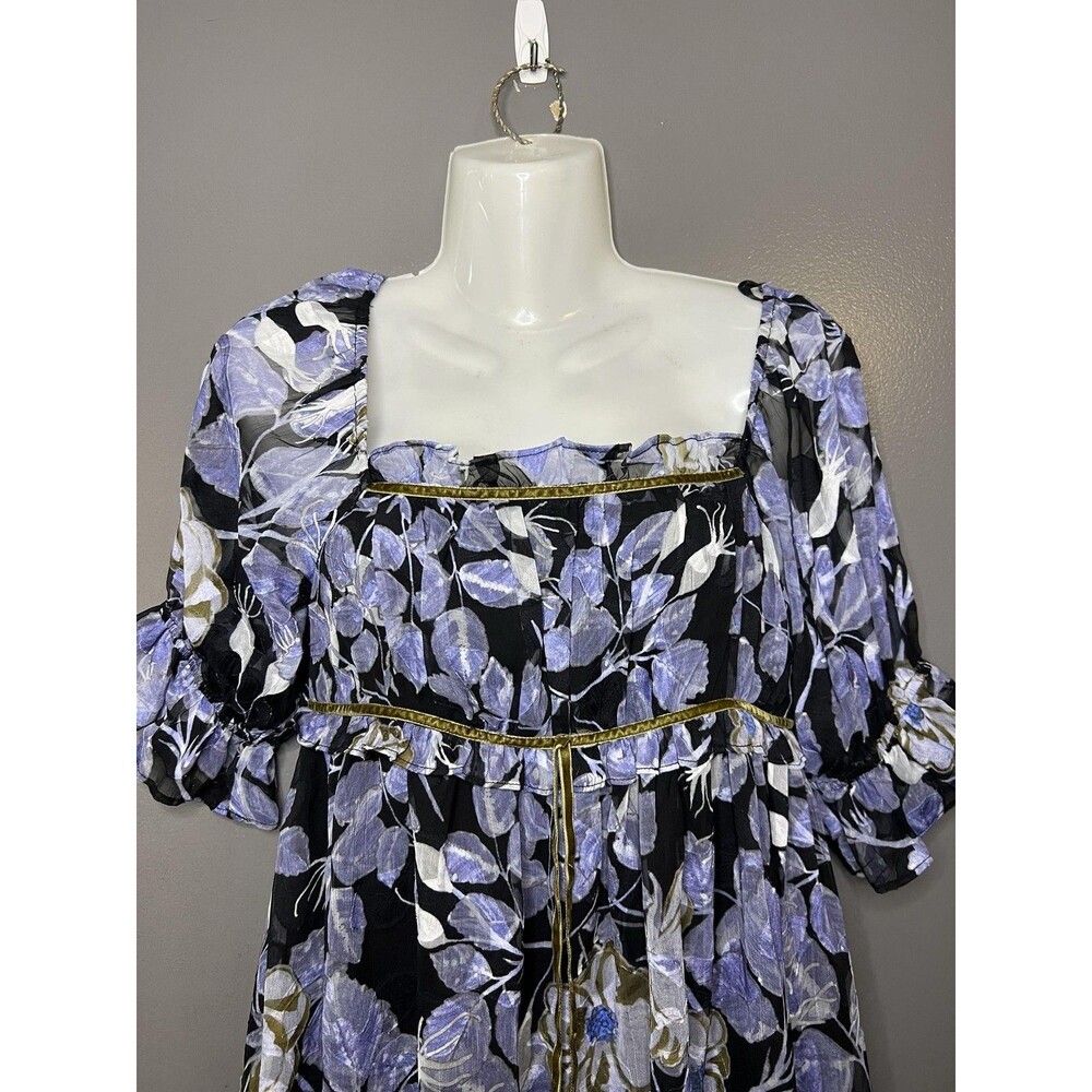 Jacquie The Label Dress Womens Small Black Blue Floral Smocked Mini Puff Sleeve